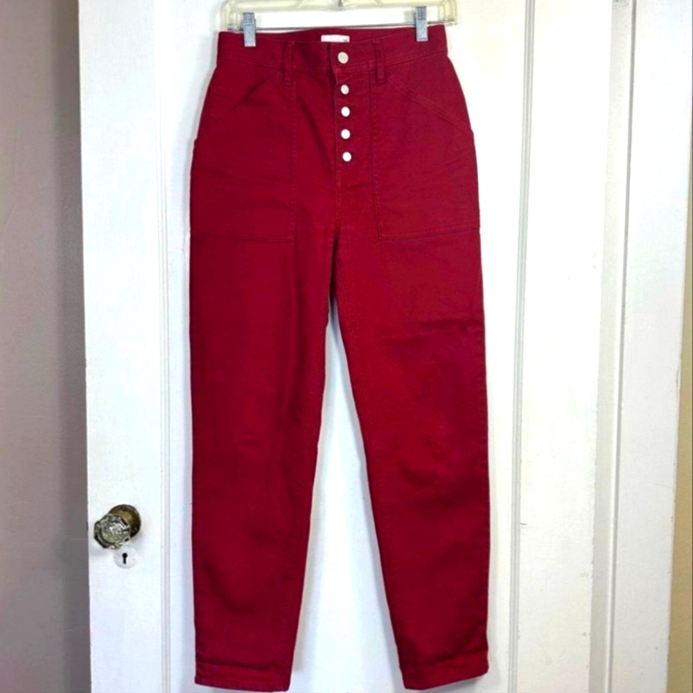 High-Waisted Red Button-Fly Jeans